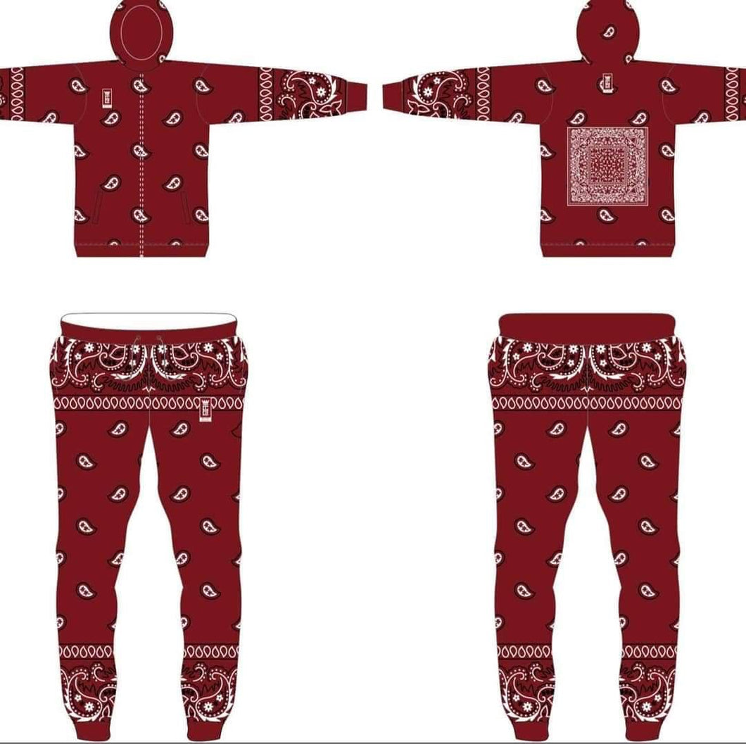 BURGUNDY HOODED PAISLEY BANDANA CUSTOM SWEATSUIT .