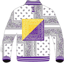 White / Gold /Purple  ⚪️🟡🟣. Paisley Bomber Jacket :  Standard USA Sizing :