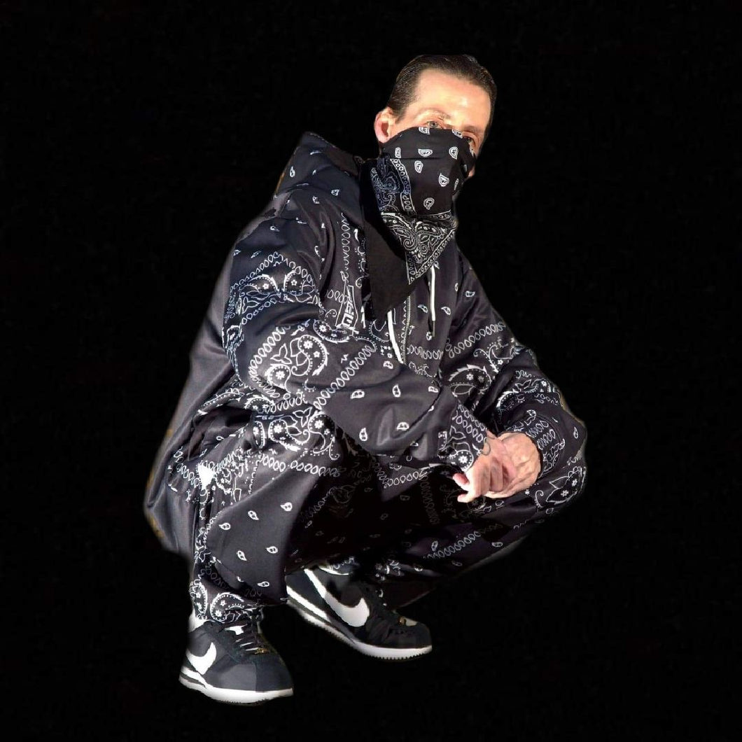 Black Paisley Bandana Custom Made Jogger suit with hood.