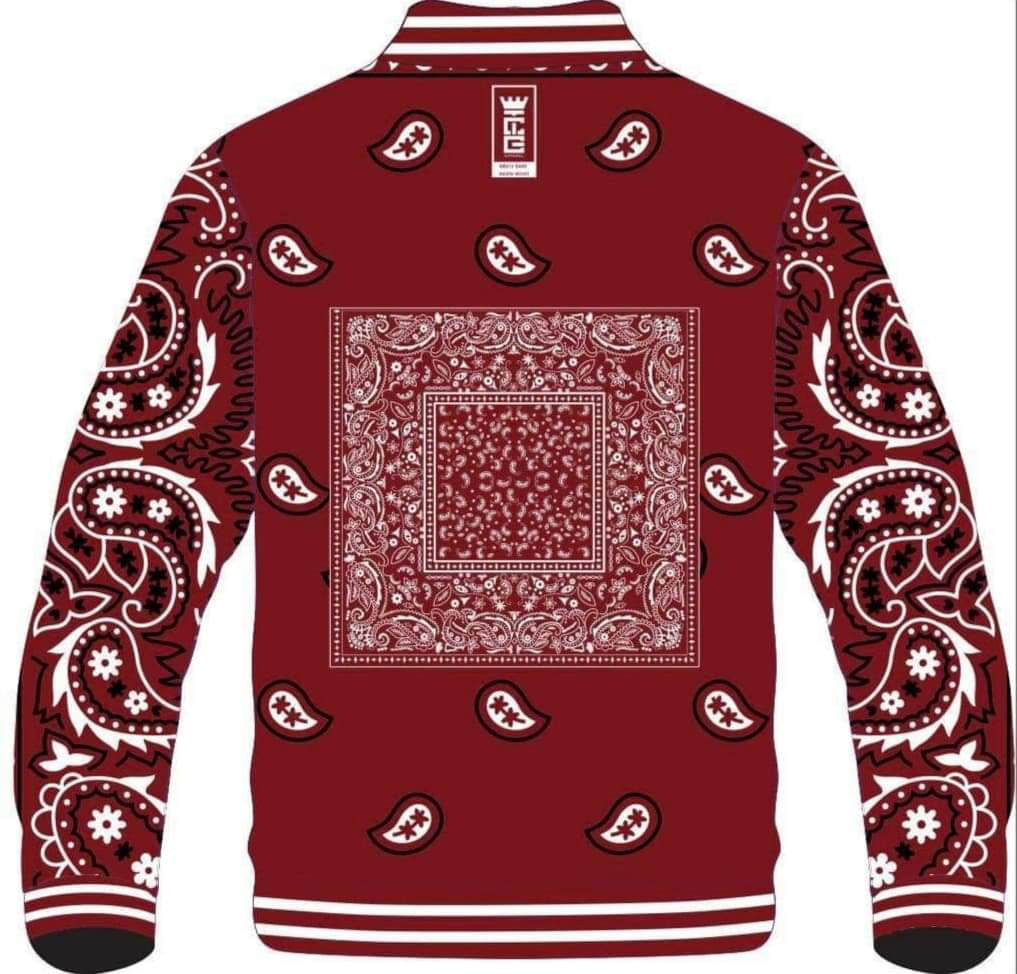 Pre Order Available for the Custom Made Burgundy Bandana Varsity Jacket ..