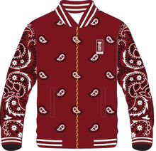 Pre Order Available for the Custom Made Burgundy Bandana Varsity Jacket ..