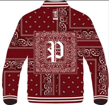 Pre Order  Custom Made Burgundy P Bandana Varsity Jacket.  All Sizing Available, Worldwide Shipping.