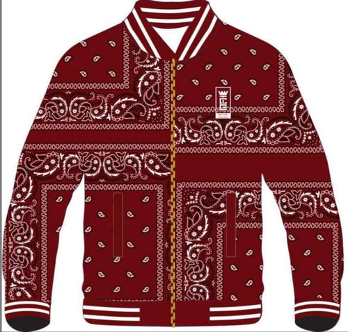 Pre Order  Custom Made Burgundy P Bandana Varsity Jacket.  All Sizing Available, Worldwide Shipping.