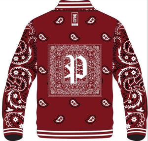 Pre Order Available for the Custom Made Burgundy Bandana Varsity Jacket ..